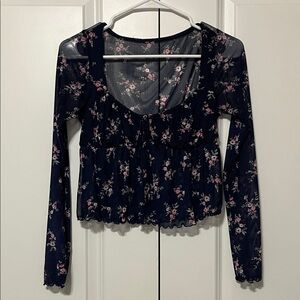 Mesh Scoop Neck Floral Long Sleeve Crop Top